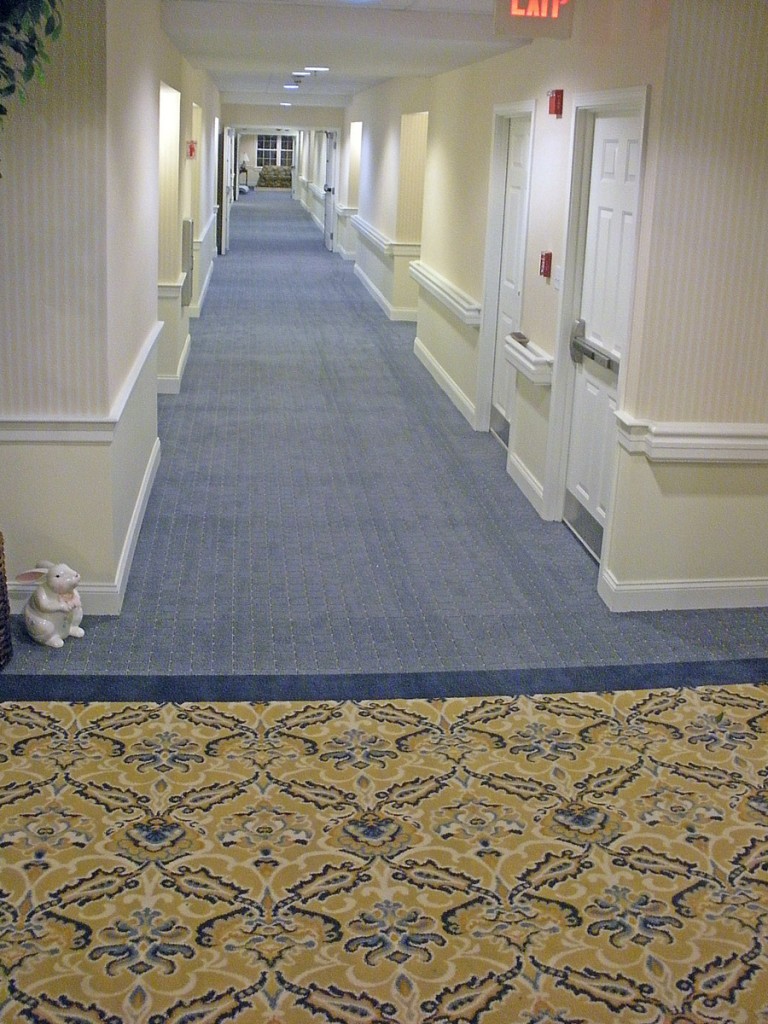 Hallway carpet in an assisted living facility, with a custom inset and vinyl Millwork Base.