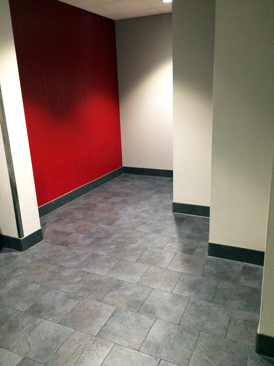 Porcelain Tile in a brick pattern at Boston Sports Club, Dorchester, MA.