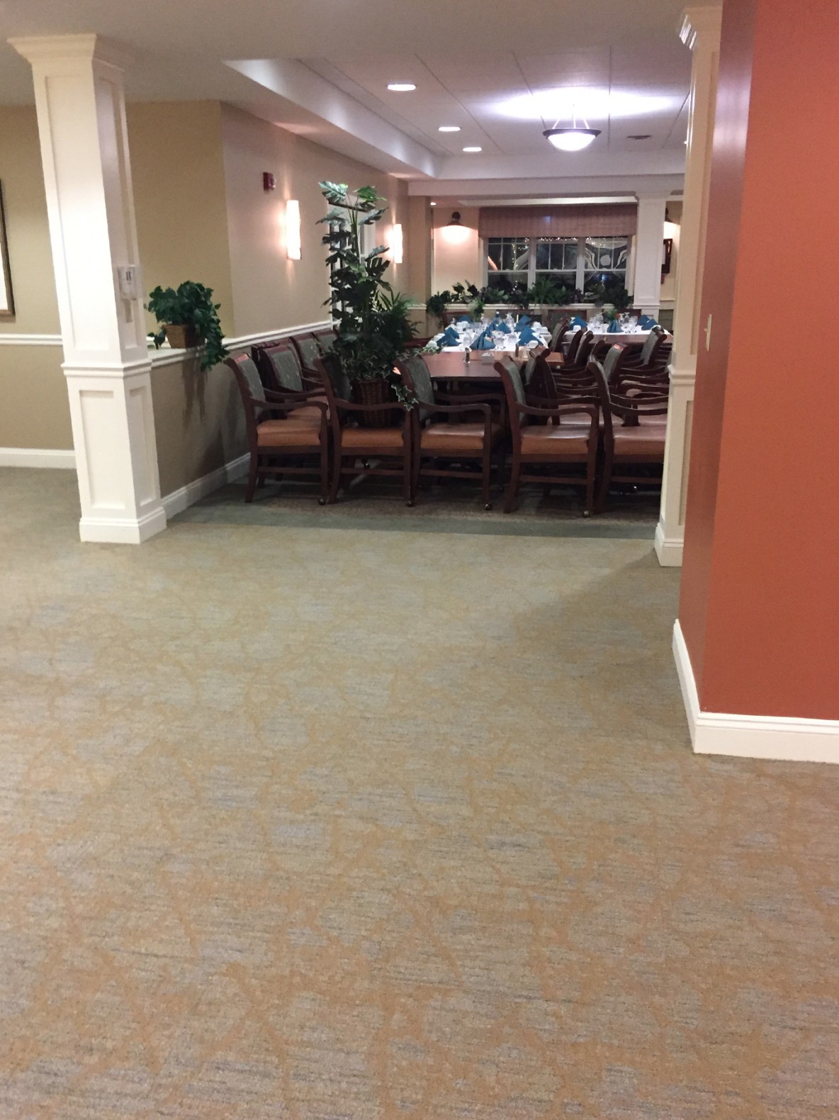 Patterned Carpet tile, Porcelain tile, Independent Assisted living