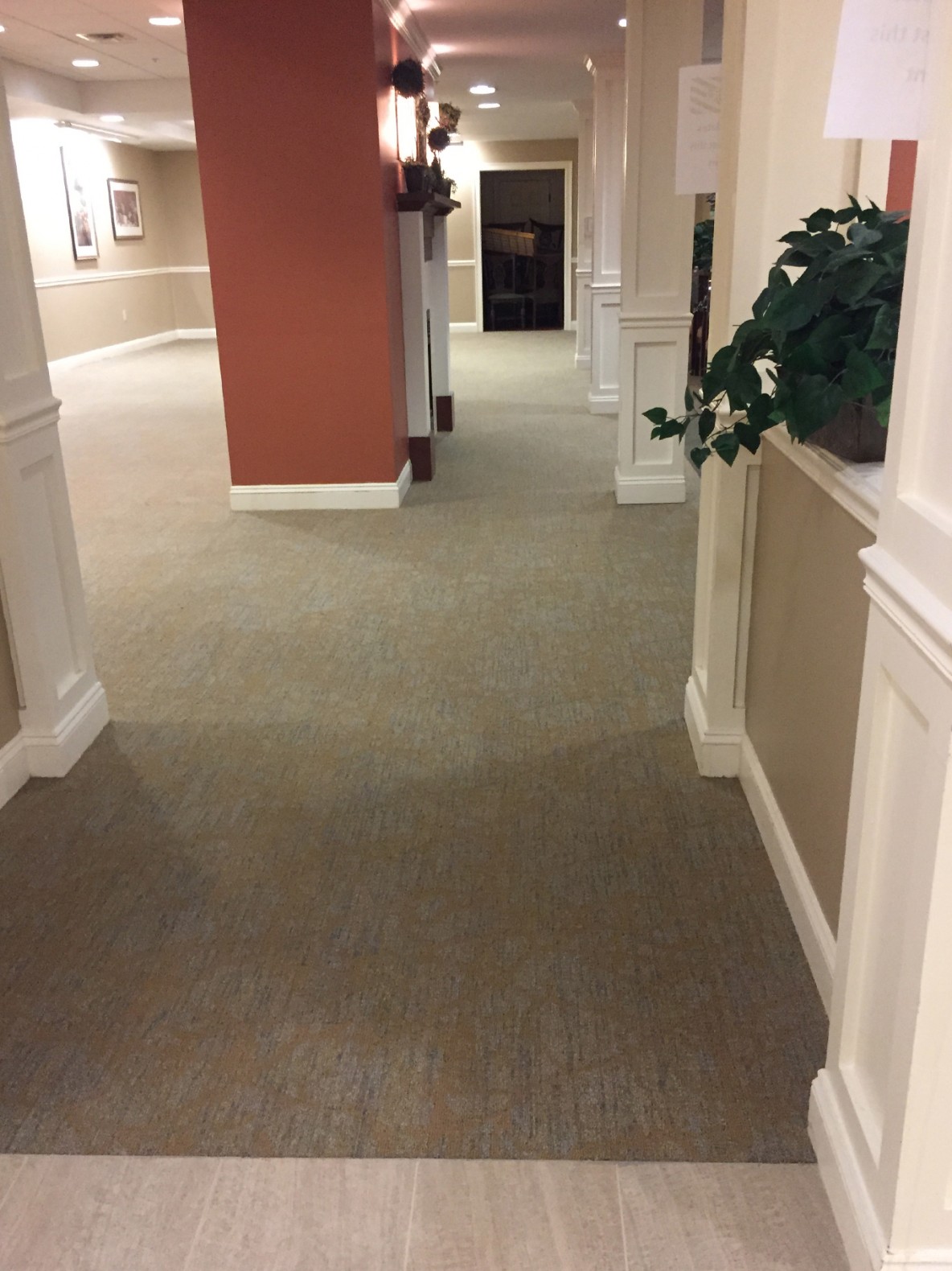 Patterned Carpet tile, Porcelain tile, Independent Assisted living